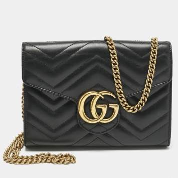 Pre Owned Gucci Black Matelassé Leather GG Marmont Wallet on Chain