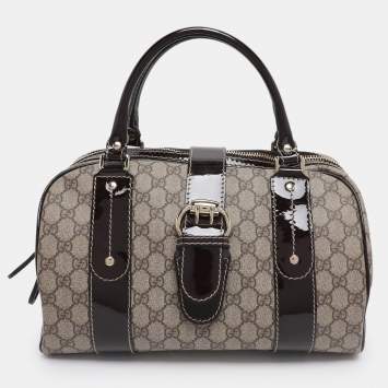 Pre Owned Gucci Brown/Beige GG Supreme Canvas and Patent Leather Buckle Flap Boston Bag