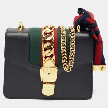 Pre Owned Gucci Black Leather Mini Web Chain Sylvie Shoulder Bag