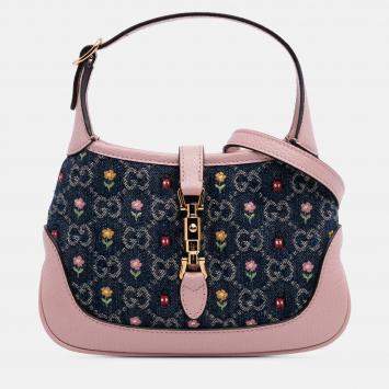 Pre Owned Gucci Blue Limited Edition Mini GG Embroidered Denim Floral Jackie 1961 Crossbody