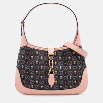 Pre Owned Gucci Blue/Pink Limited Edition Small GG Embroidered Denim Floral Jackie 1961 Crossbody