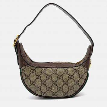 Pre Owned Gucci Beige Brown Leather and PVC Ophidia Hobo Bag