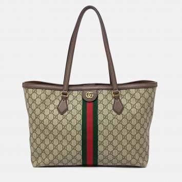 Pre Owned Gucci Beige Brown Leather and PVC Ophidia GG Supreme Shopper Bag