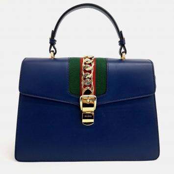 Pre Owned Gucci Navy Blue Leather Sylvie Bag
