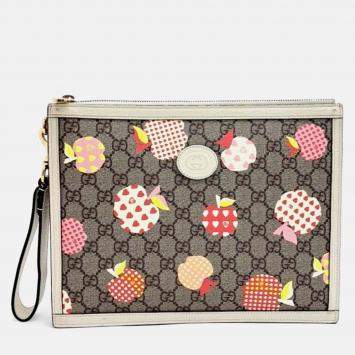Pre Owned Gucci Beige Brown PVC Les Pommes Pouch