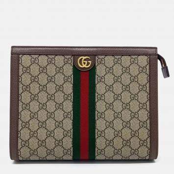 Pre Owned Gucci Beige Brown Leather and PVC Ophidia Clutch