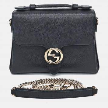 Pre Owned Gucci Black Leather Interlocking Top Handle Tote and Shoulder Bag