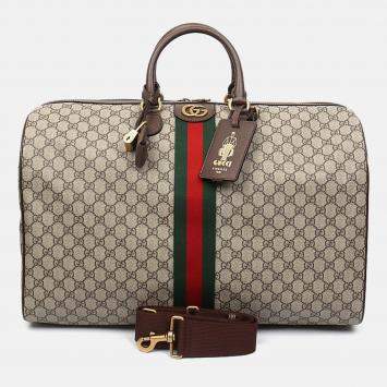 Pre Owned Gucci Beige Brown Leather and PVC Ophidia Savoy Duffel Bag