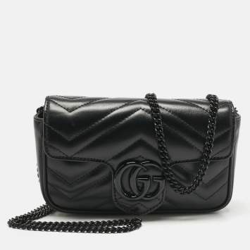 Pre Owned Gucci Black Matelassé Leather Super Mini GG Marmont Shoulder Bag