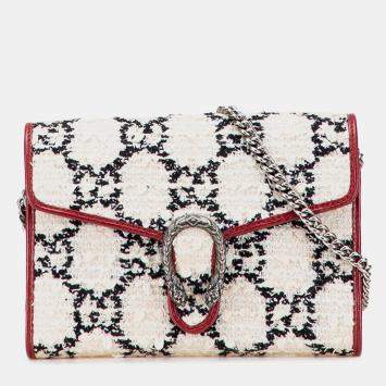 Pre Owned Gucci Red/White GG Tweed Dionysus Wallet on Chain