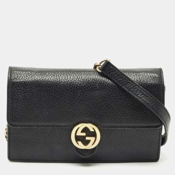 Pre Owned Gucci Black Leather Interlocking G Wallet On Chain