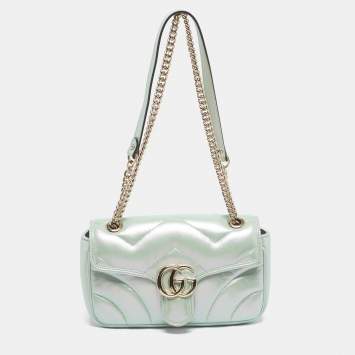 Pre Owned Gucci Green Iridescent Matelassé Leather Medium GG Marmont Shoulder Bag