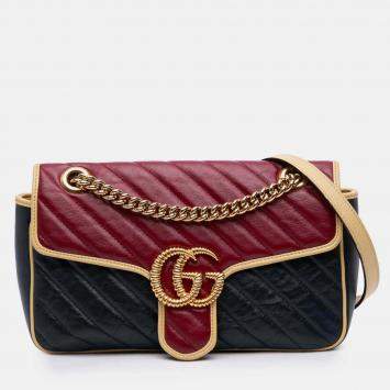 Pre Owned Gucci Navy Blue Small GG Marmont Matelasse Leather Torchon Flap Crossbody
