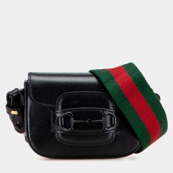 Pre Owned Gucci Black Mini Leather Horsebit 1955 Web Satchel
