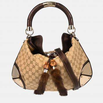 Pre Owned Gucci GG Indy Beige Canvas Top Handle Bag