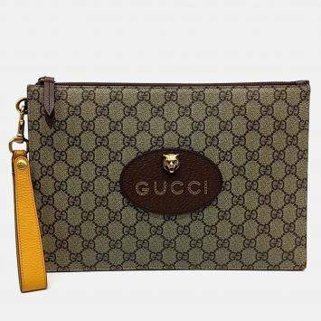 Pre Owned Gucci GG Supreme Beige/Brown Coated Canvas Clutch