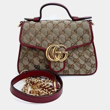 Pre Owned Gucci Beige Red Fabric GG Marmont Mini Top Handle Bag