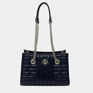 Pre Owned Gucci Black Leather GG Marmont Shoulder Bag