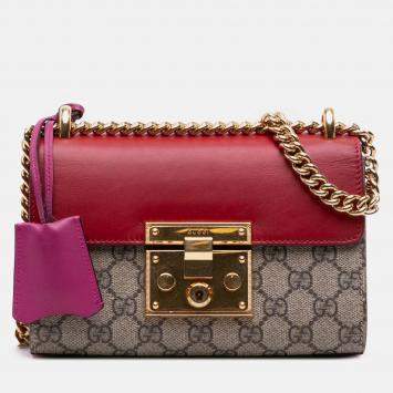 Pre Owned Gucci Brown Red Small GG Supreme Padlock Crossbody