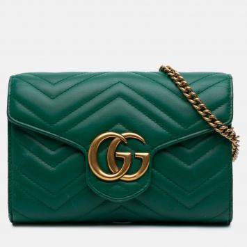 Pre Owned Gucci Green GG Marmont Matelasse Leather Wallet On Chain