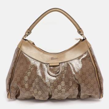 Pre Owned Gucci Beige/Gold GG Crystal Canvas Large D Ring Hobo