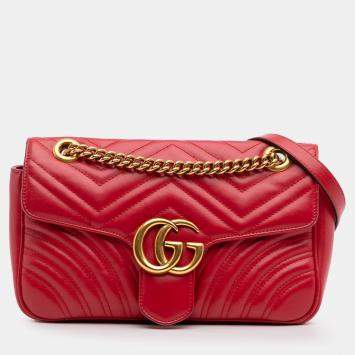 Pre Owned Gucci Red Small GG Marmont Matelasse Leather Flap Crossbody