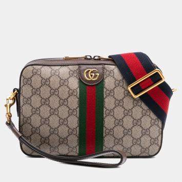Pre Owned Gucci Beige Brown Small GG Supreme Web Ophidia Crossbody