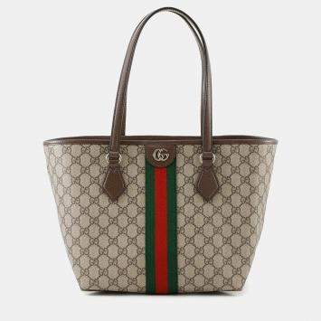 Pre Owned Gucci Double G Medium Beige Brown PVC Leather Tote Bag