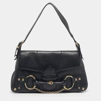 Pre Owned Gucci Black Leather Horsebit Flap Shoulder Bag