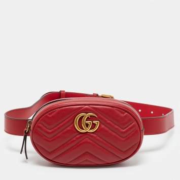 Pre Owned Gucci Red Matelassé Leather GG Marmont Belt Bag