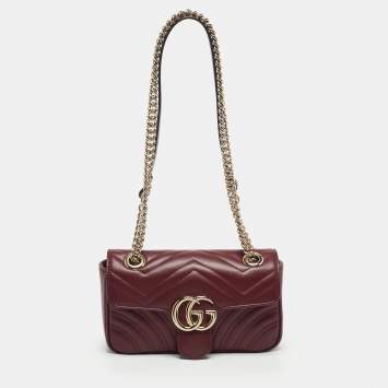 Pre Owned Gucci Dark Red Matelassé Leather Mini GG Marmont Shoulder Bag