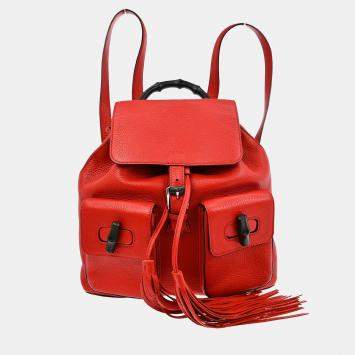 Pre Owned Gucci Red Pigskin Bamboo Backpack