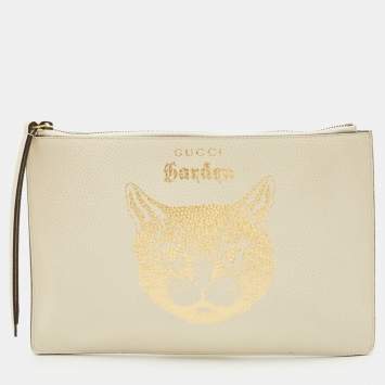 Pre Owned Gucci Ivory Leather Garden Cat Zip Pouch