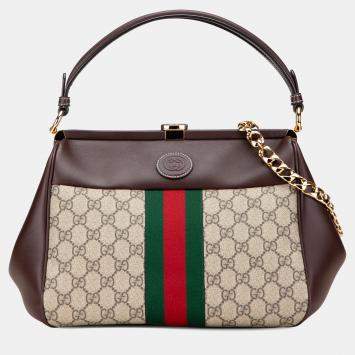 Pre Owned Gucci Beige Brown GG Supreme Ophidia Virgo Top Handle Bag