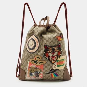 Pre Owned Gucci Brown/Beige GG Supreme Canvas Patchwork Drawstring Convertible Tote/Backpack