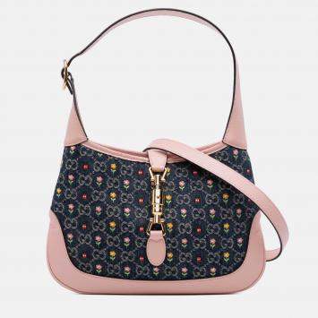 Pre Owned Gucci Blue Limited Edition Small GG Embroidered Denim Floral Jackie 1961 Crossbody