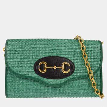 Pre Owned Gucci Green Straw Horsebit Chain Shoulder Bag