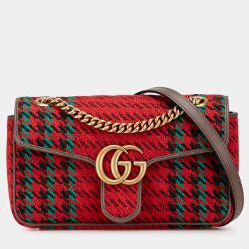 Pre Owned Gucci Red Small GG Marmont Houndstooth Tweed Flap Crossbody
