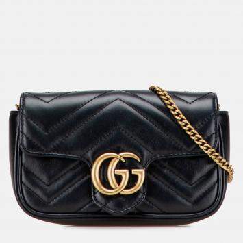 Pre Owned Gucci Black Super Mini GG Marmont Matelasse Leather Flap Crossbody