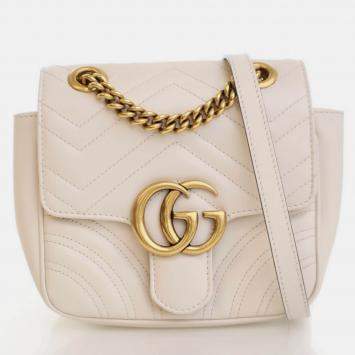 Pre Owned Gucci Mini White Calfskin Marmont Shoulder Bag