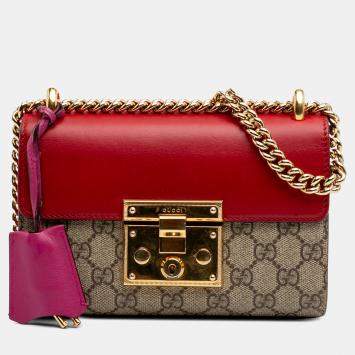 Pre Owned Gucci Beige Brown Small GG Supreme Padlock Crossbody