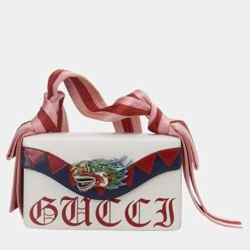 Pre Owned Gucci White Leather Satin Naga Dragon Head Shoulder Bag