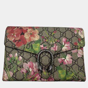 Pre Owned Gucci Blue/Beige GG Blooms Supreme Canvas and Leather Dionysus Wallet On Chain