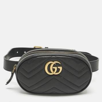 Pre Owned Gucci Black Matelassé Leather GG Marmont Belt Bag