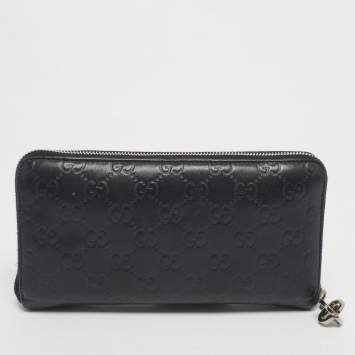 Pre Owned Gucci Black Guccissima Leather GG Twins Zip Around Wallet