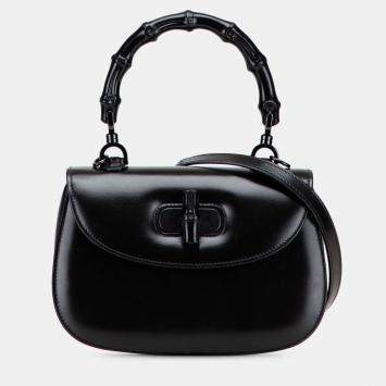 Pre Owned Gucci Black Small Calfskin 1947 Bamboo Top Handle Bag