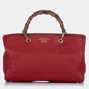 Pre Owned Gucci Red Medium Calfskin Bamboo Shopper Satchel