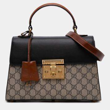 Pre Owned Gucci Beige Brown Small GG Supreme Padlock Satchel