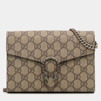 Pre Owned Gucci Beige Brown GG Supreme Dionysus Chain Wallet