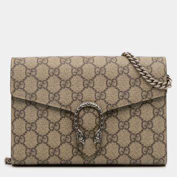 Pre Owned Gucci Beige Brown GG Supreme Dionysus Chain Wallet